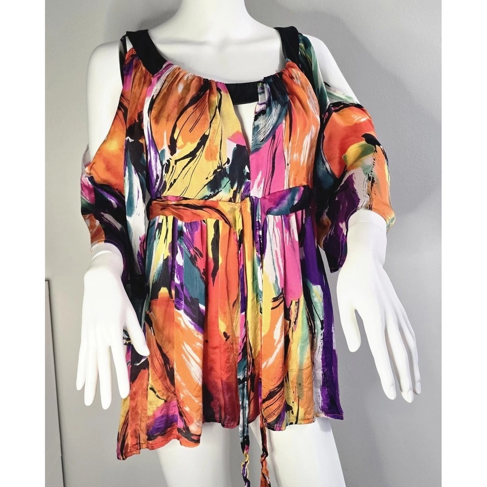 Muse Boston Proper 100% Silk Cold Shoulder Top Size‎ 10 Women's Multicolor Boho